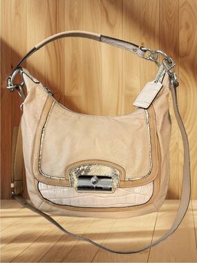 Coach Kristin Exotic Trim Convertible Hobo Crossbody Bag Beige Leather 19310